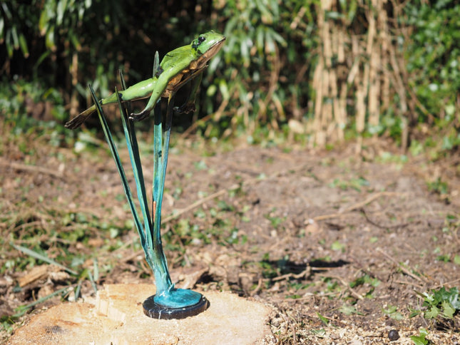 Bronzen beeld Springende kikker (naar boven) 82x26x53cm