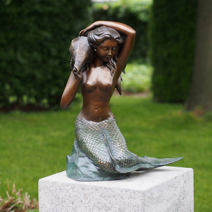 Bronzen beeld Zeemeermin met schelp 52x30x40cm