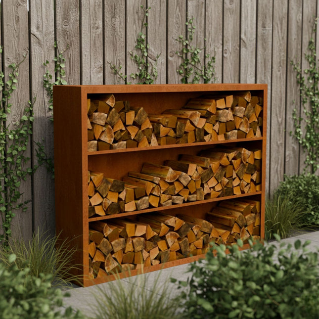 Cortenstalen houtopslag met 3 Vakken met achterwand 200x38,5x150 cm