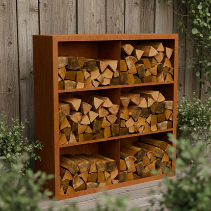 Cortenstalen houtopslag met 6 Vakken met achterwand 150x38,5x150 cm