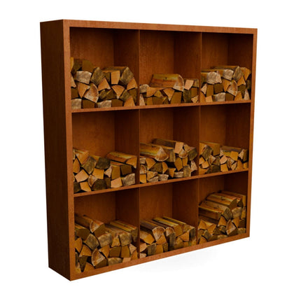 Cortenstalen houtopslag met 9 Vakken met achterwand 200x38,5x200 cm