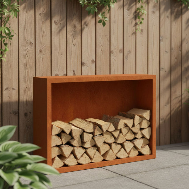 Cortenstalen houtopslag met achterwand 150x38,5x100 cm