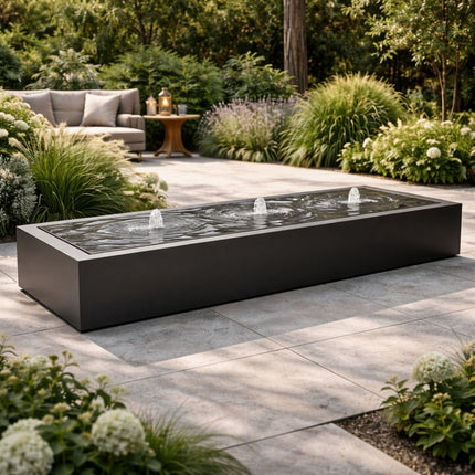 Langwerpige aluminium watertafel met fonteinen 300x100x40cm 79kg