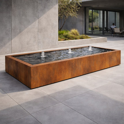 Langwerpige cortenstaal watertafel met fonteinen 300x100x40cm 228kg