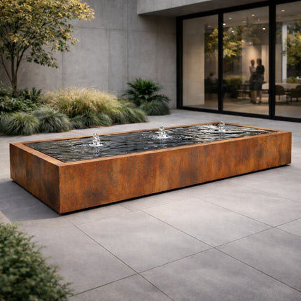Langwerpige cortenstaal watertafel met fonteinen 300x120x40cm 251kg