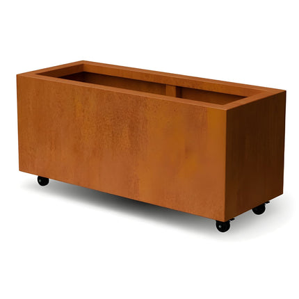 Langwerpige cortenstalen plantenbak met wielen 100x40x40 cm