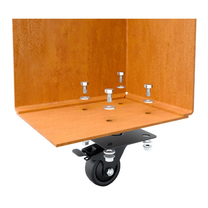 Langwerpige cortenstalen plantenbak met wielen 100x40x40 cm