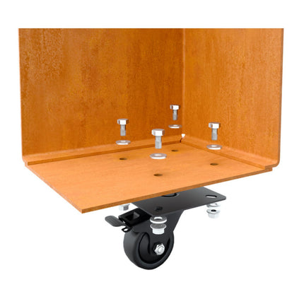 Langwerpige cortenstalen plantenbak met wielen 120x40x40 cm