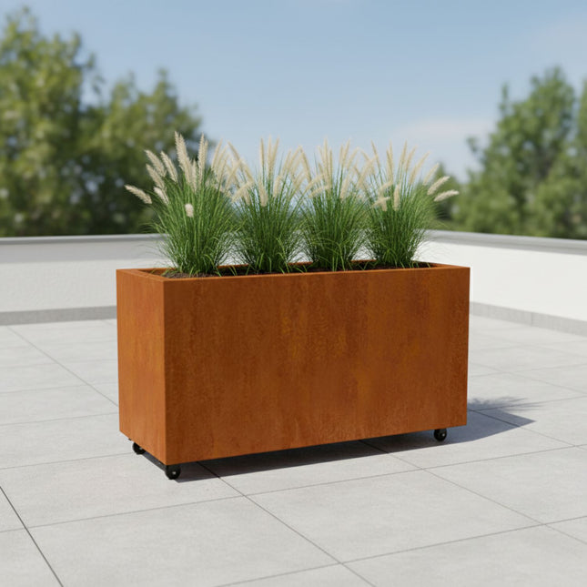 Langwerpige cortenstalen plantenbak met wielen 120x50x60 cm