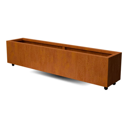 Langwerpige cortenstalen plantenbak met wielen 200x40x40 cm