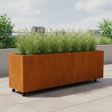 Langwerpige cortenstalen plantenbak met wielen 200x50x60 cm