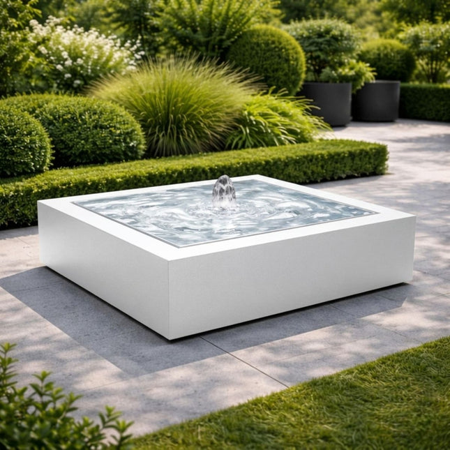 Vierkante aluminium watertafel met fontein 120x120x40cm 50kg - Zuiver Wit (RAL 9010)