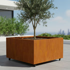 Vierkante cortenstalen plantenbak met wielen 120x120x60 cm