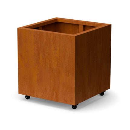Vierkante cortenstalen plantenbak met wielen 70x70x70 cm