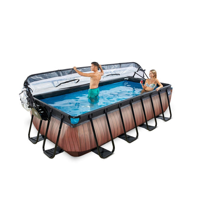 EXIT Wood zwembad 400x200x100cm met zandfilterpomp en overkapping en warmtepomp - bruin - Doika BV - Rechthoekige zwembaden - EXIT Toys - 8720088263228 - 30.57.42.10