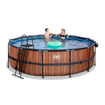 EXIT Wood zwembad ø488x122cm met zandfilterpomp en overkapping en warmtepomp - bruin - Doika BV - Ronde zwembaden - EXIT Toys - 8720088269558 - 30.67.16.10